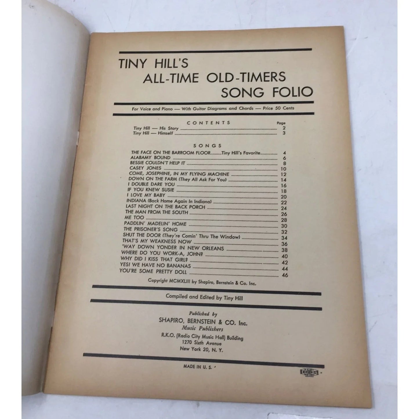 Vintage Tiny Hill's All - Time Old - Timers Song Folio music book - A+ Stuff - Sheet Music - A+ Stuff