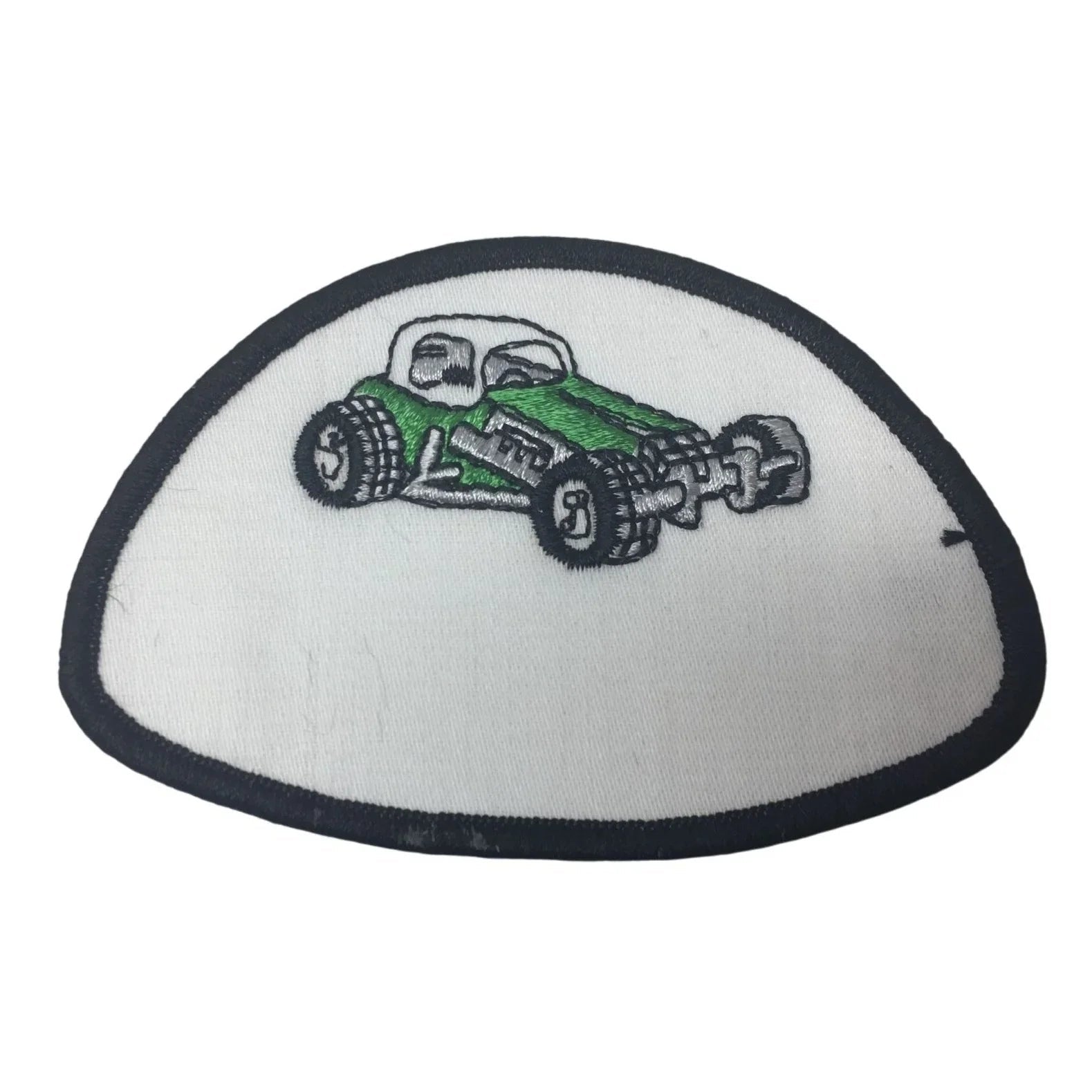 Vintage White Embroidered Patch with a Green Hotrod on it - A+ Stuff - Collectibles - A+ Stuff