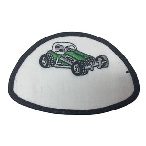 Vintage White Embroidered Patch with a Green Hotrod on it