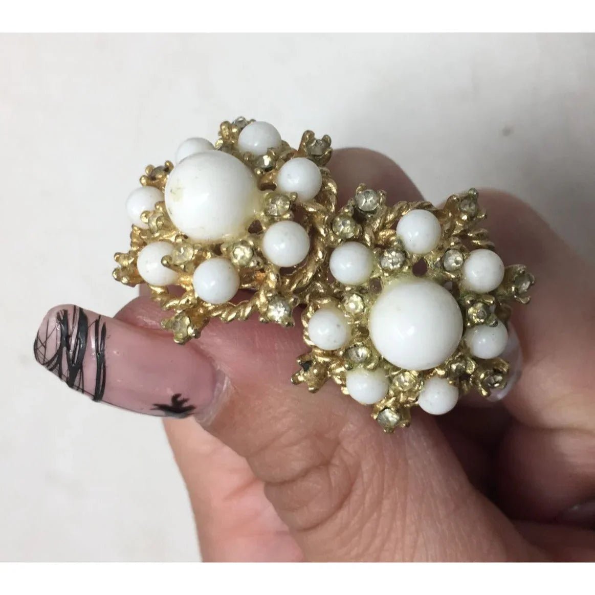 Vintage Women's Gold tone Screw Back Earrings with White Faux Pearls and Rhinestones - A+ Stuff - Earrings - A+ Stuff