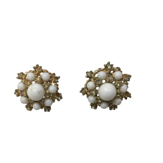 Vintage Women's Gold tone Screw Back Earrings with White Faux Pearls and Rhinestones - A+ Stuff - Earrings - A+ Stuff
