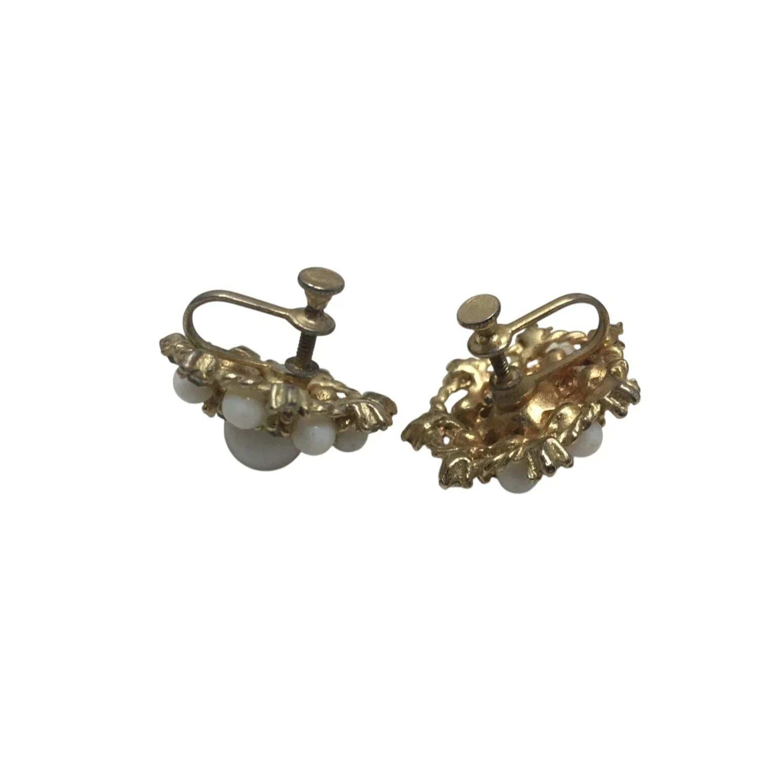 Vintage Women's Gold tone Screw Back Earrings with White Faux Pearls and Rhinestones - A+ Stuff - Earrings - A+ Stuff