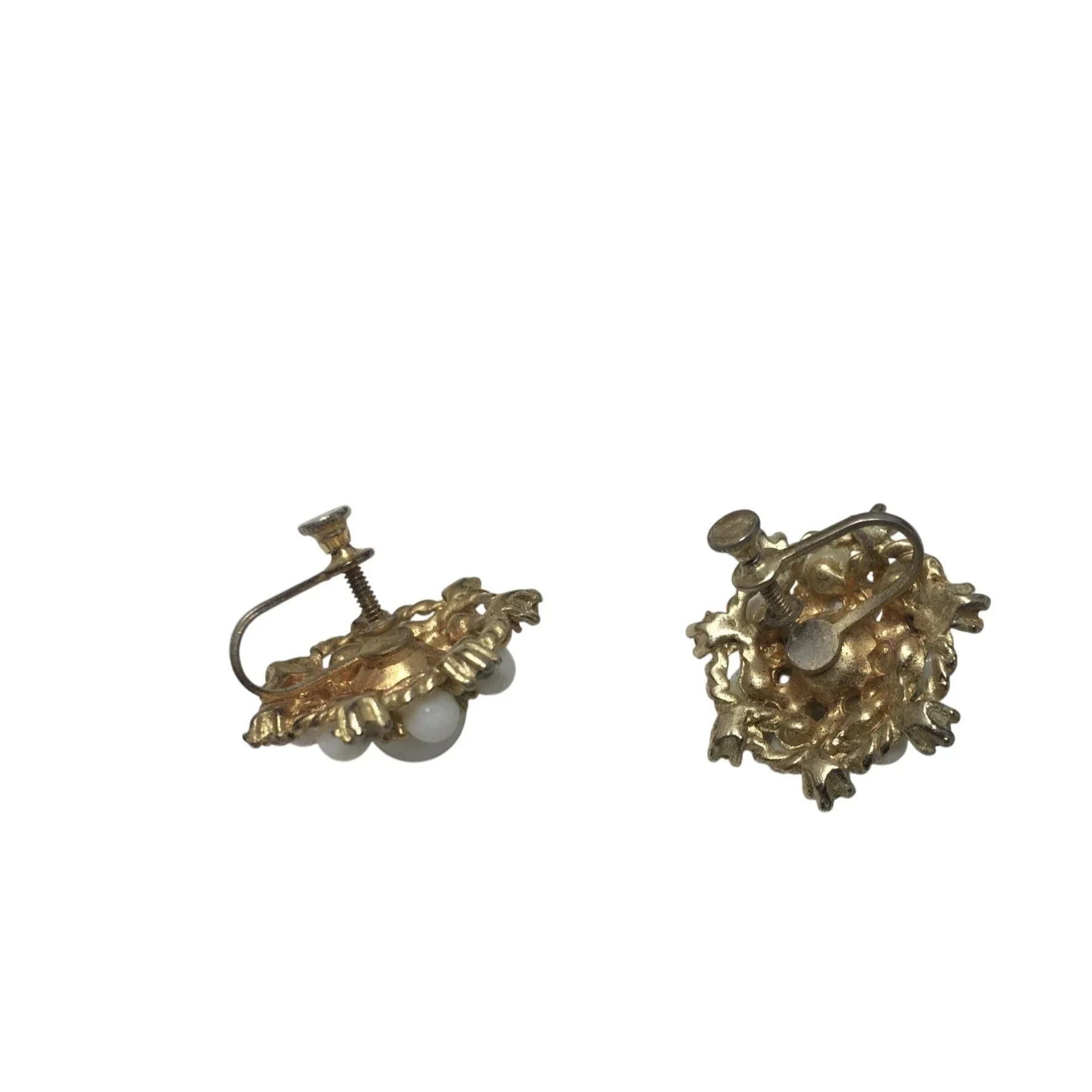 Vintage Women's Gold tone Screw Back Earrings with White Faux Pearls and Rhinestones - A+ Stuff - Earrings - A+ Stuff