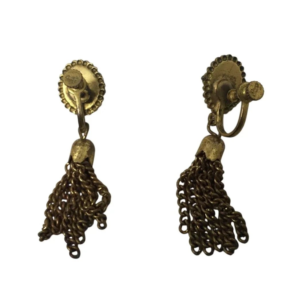 Vintage Women's Gold Tone Tassel Chain Cameo Screw Back Earrings - A+ Stuff - Earrings - A+ Stuff