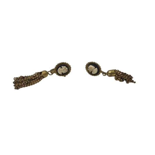Vintage Women's Gold Tone Tassel Chain Cameo Screw Back Earrings - A+ Stuff - Earrings - A+ Stuff