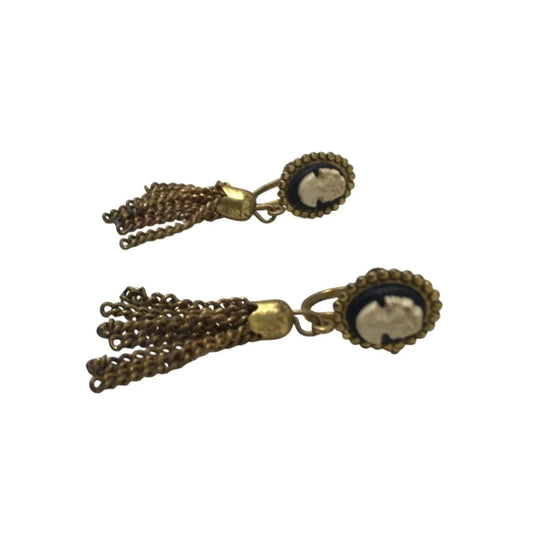 Vintage Women's Gold Tone Tassel Chain Cameo Screw Back Earrings - A+ Stuff - Earrings - A+ Stuff
