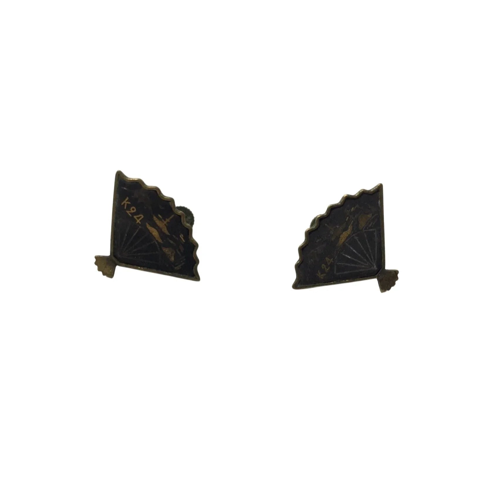Vintage Women's Japanese Damascene fan K24 Gold Tone Screw Back Earrings - A+ Stuff - Earrings - A+ Stuff