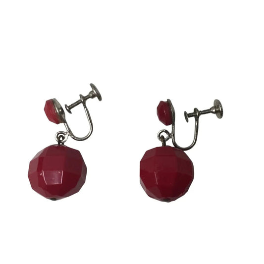 Vintage Women's Silver and Red Dangle Beaded Screw Back Earrings - A+ Stuff - Earrings - A+ Stuff