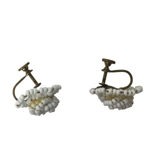 Vintage Women's White Beaded Screw Back Earrings - A+ Stuff - Earrings - A+ Stuff