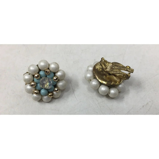 Vintage Women's White, Blue and Gold Tone Beaded Flower Shaped Clip on Earrings - A+ Stuff - Earrings - A+ Stuff