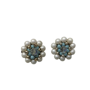 Vintage Women's White, Blue and Gold Tone Beaded Flower Shaped Clip on Earrings