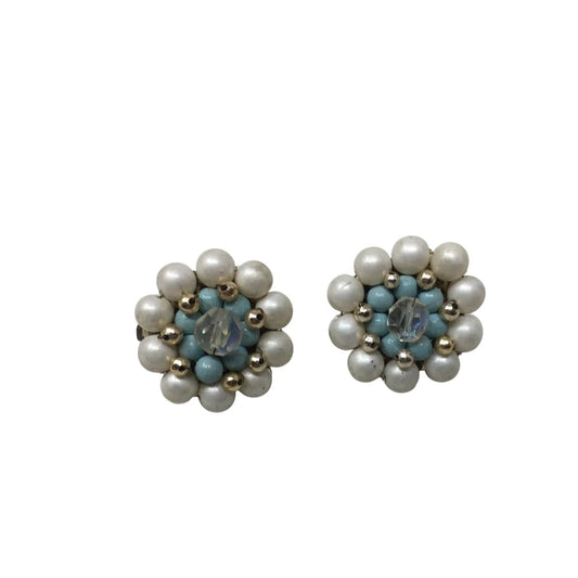 Vintage Women's White, Blue and Gold Tone Beaded Flower Shaped Clip on Earrings - A+ Stuff - Earrings - A+ Stuff