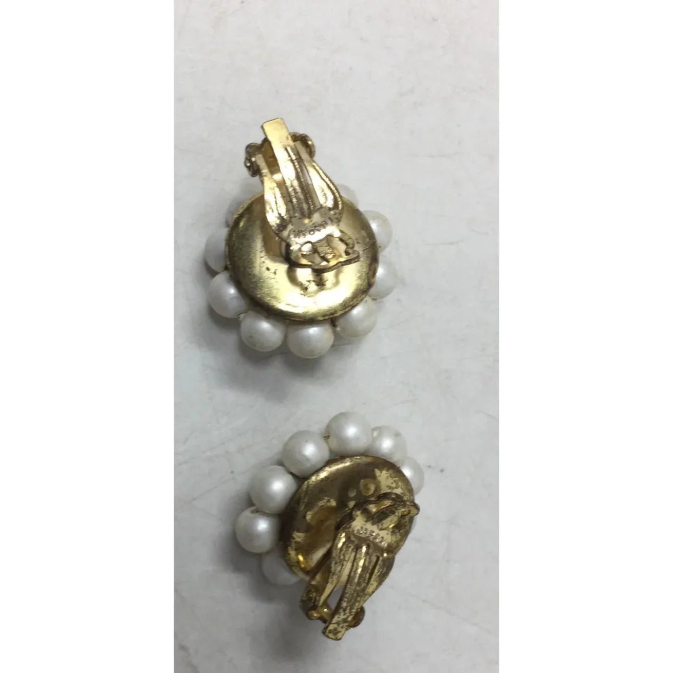 Vintage Women's White, Blue and Gold Tone Beaded Flower Shaped Clip on Earrings - A+ Stuff - Earrings - A+ Stuff