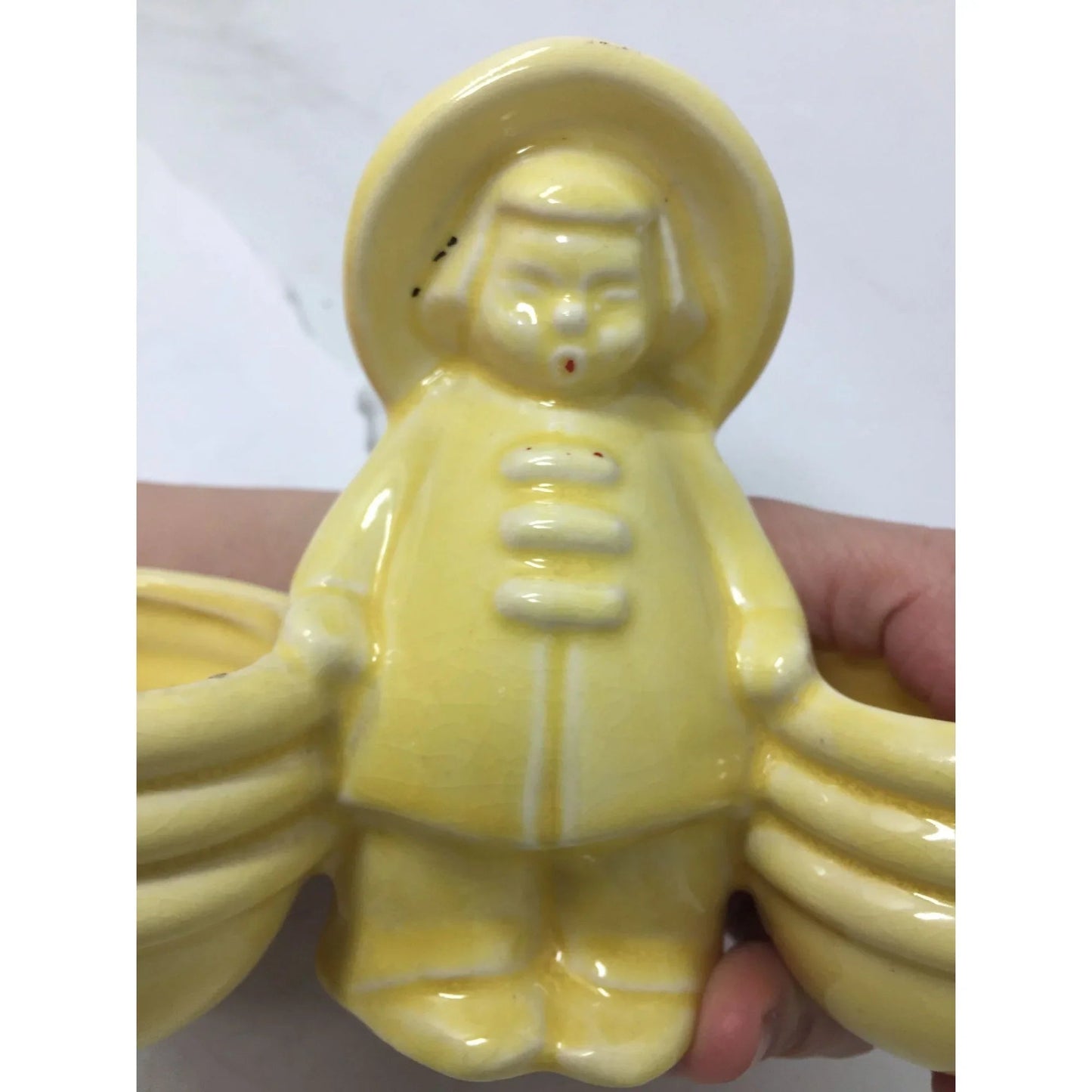 Vintage Yellow Glossy Ceramic Planter Girl with Baskets - A+ Stuff - Vase or Holder - A+ Stuff