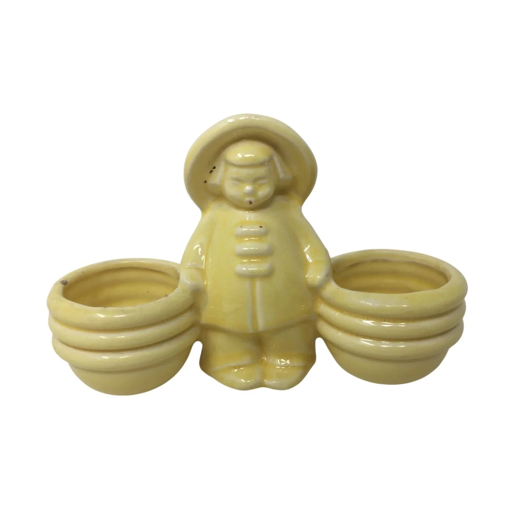 Vintage Yellow Glossy Ceramic Planter Girl with Baskets - A+ Stuff - Vase or Holder - A+ Stuff