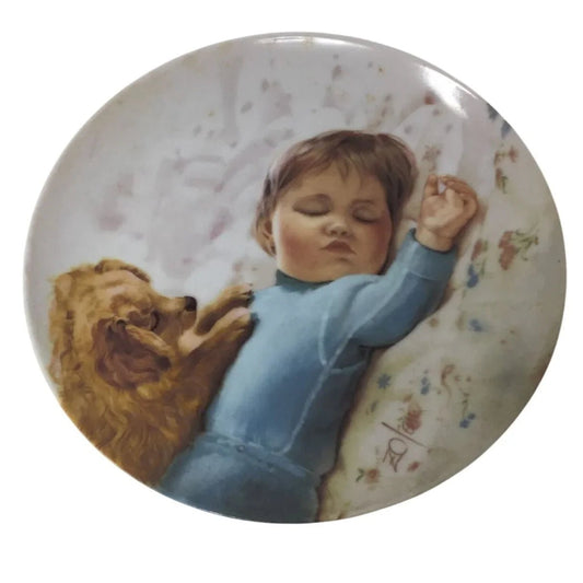 Vintage Zolan Collector Plate ''Waiting to Play'' Sleeping Baby & Puppy - zolan - Plates - A+ Stuff