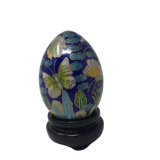 Vintage Cloisonne Colorful Patterned Egg with Wooden Stand