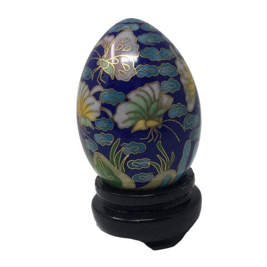 Vintage Cloisonne Colorful Patterned Egg with Wooden Stand