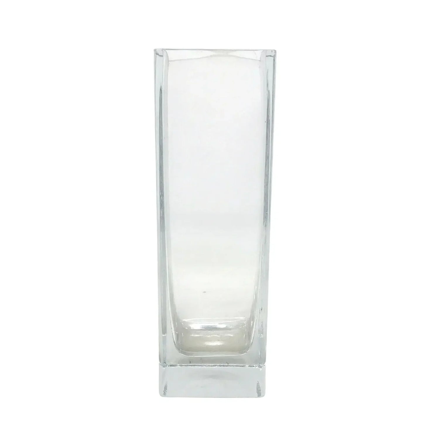 Clear square glass vase with a modern, minimalist design on a white background