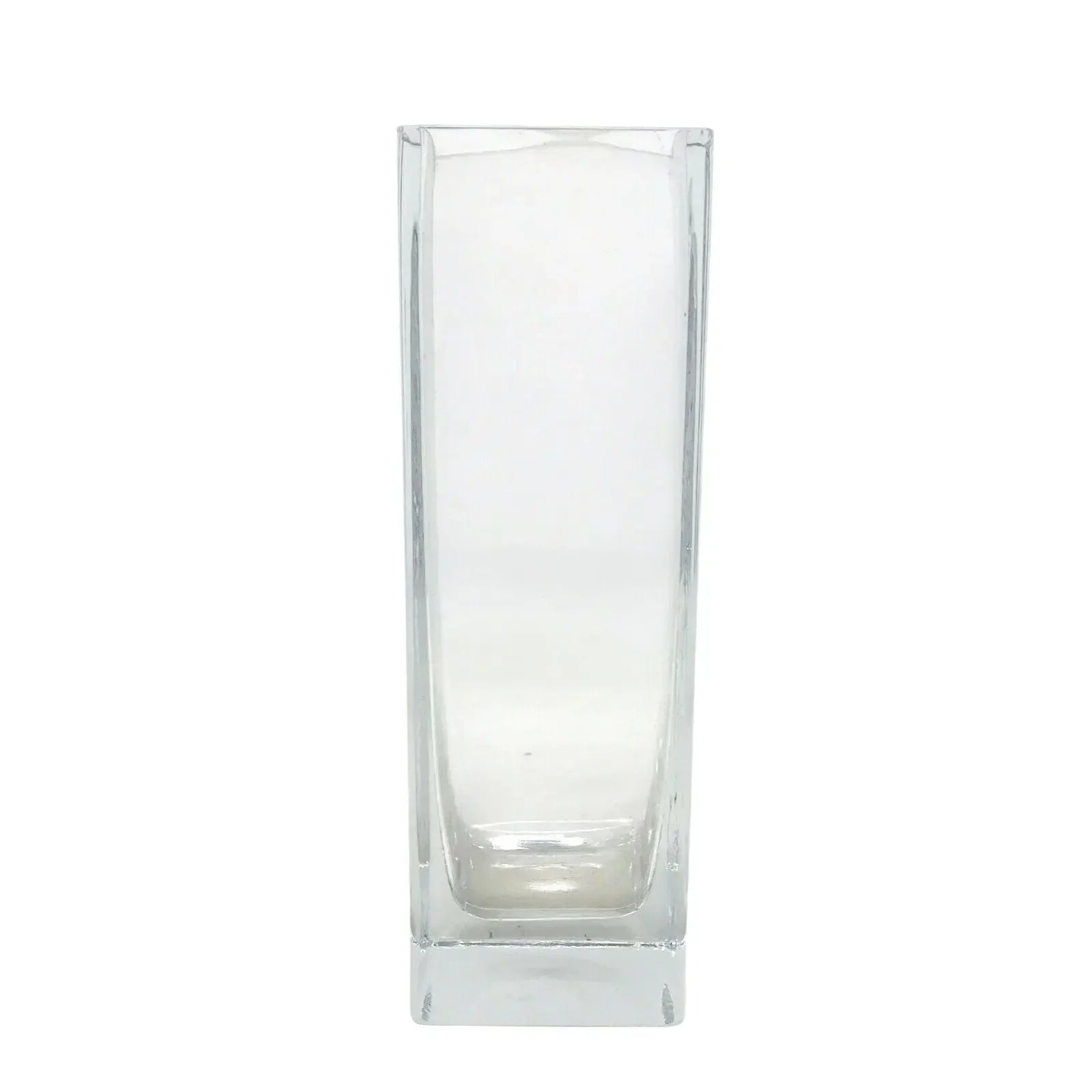 Clear square glass vase with a modern, minimalist design on a white background