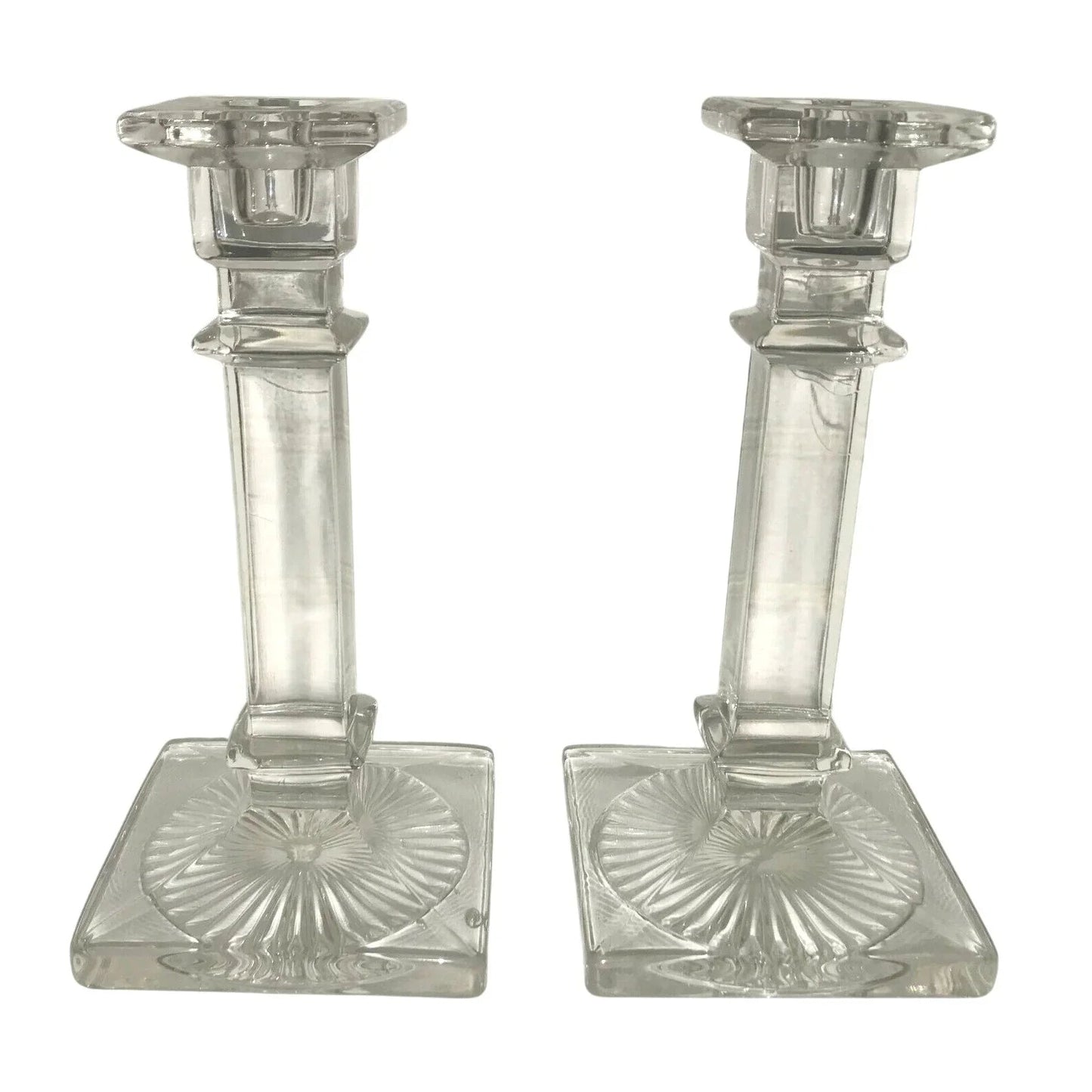 Westmoreland Antique Column Style Etched Glass Candlestick Holders Sun Burst at Base - Westmoreland - Candle Holders - A+ Stuff