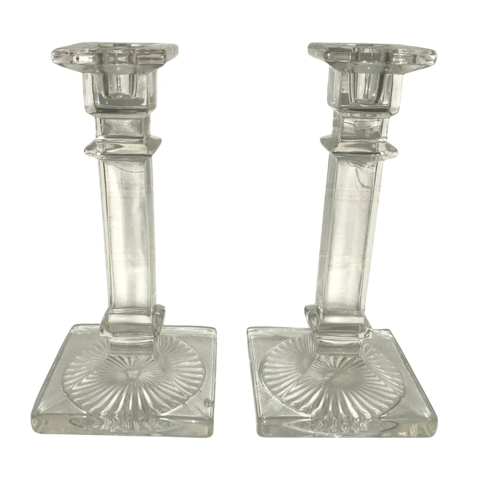 Westmoreland Antique Column Style Etched Glass Candlestick Holders Sun Burst at Base - Westmoreland - Candle Holders - A+ Stuff