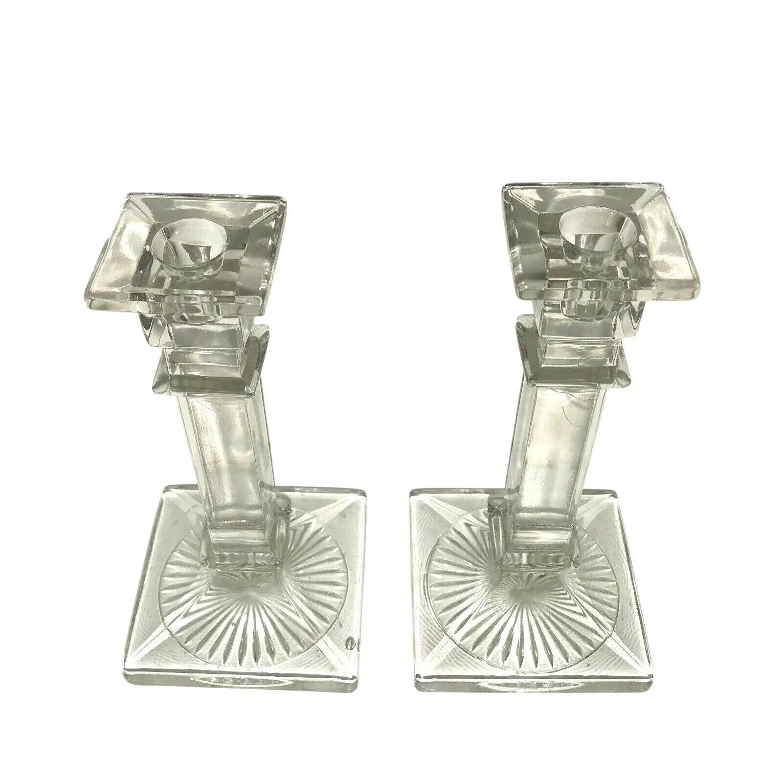 Westmoreland Antique Column Style Etched Glass Candlestick Holders Sun Burst at Base - Westmoreland - Candle Holders - A+ Stuff