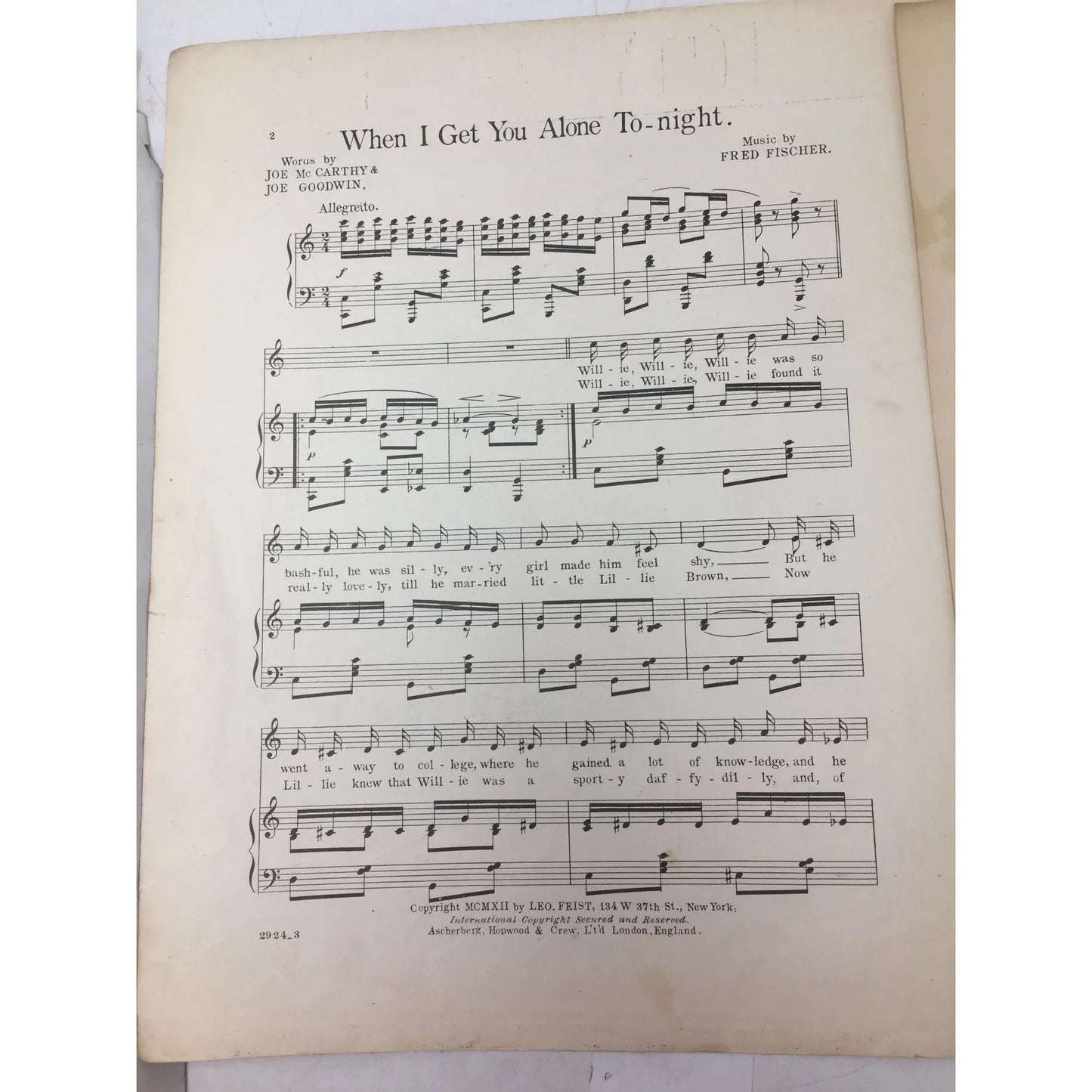 ''When I Get You Alone to Night'' Vintage Sheet Music Book - A+ Stuff - Sheet Music - A+ Stuff