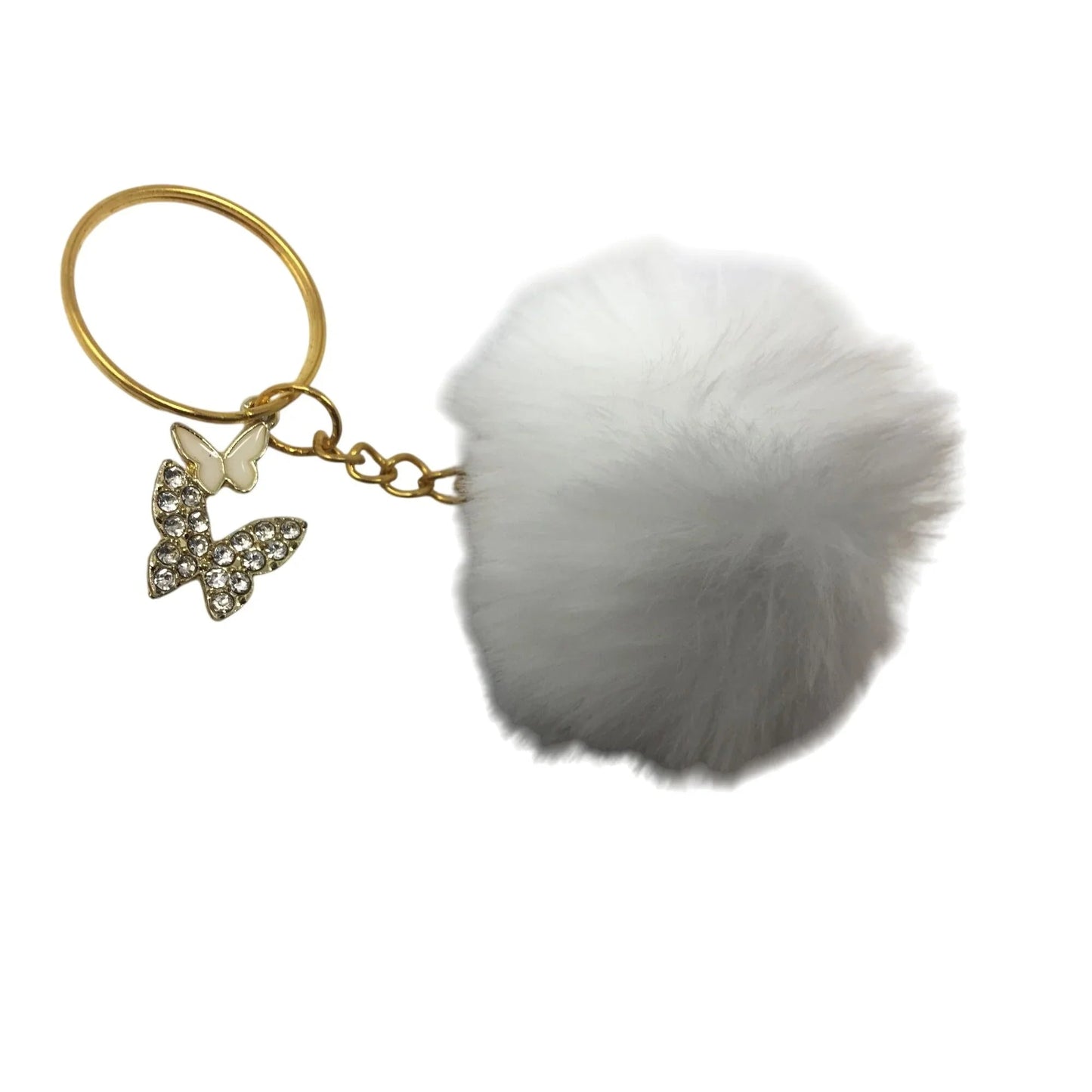 White Fuzzy Faux Fur Pom Pom Keychain with Gold Toned Butterflies on it - A+ Stuff - Jewelry - A+ Stuff