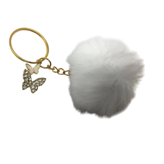 White Fuzzy Faux Fur Pom Pom Keychain with Gold Toned Butterflies on it - A+ Stuff - Jewelry - A+ Stuff