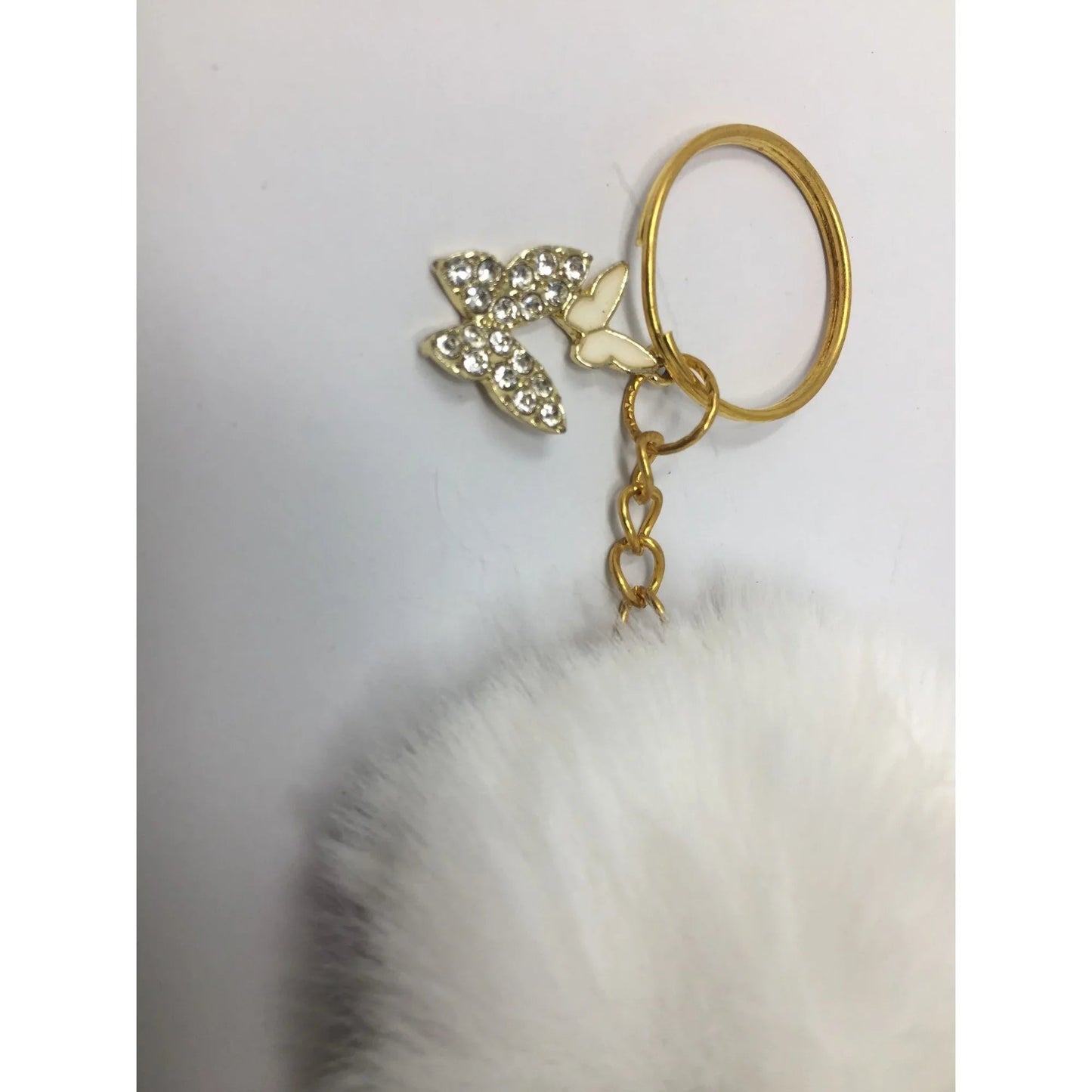 White Fuzzy Faux Fur Pom Pom Keychain with Gold Toned Butterflies on it - A+ Stuff - Jewelry - A+ Stuff