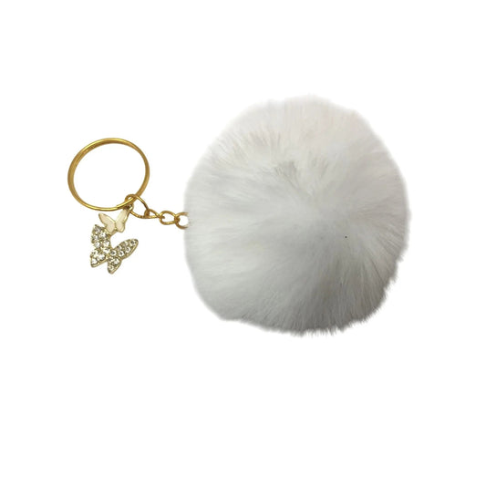 White Fuzzy Faux Fur Pom Pom Keychain with Gold Toned Butterflies on it - A+ Stuff - Jewelry - A+ Stuff