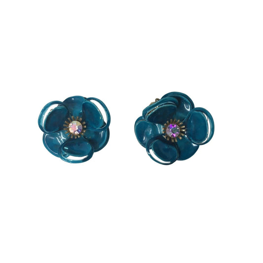 Women's Beautiful Gold Tone and Blue Flower Clip On Earrings - A+ Stuff - Earrings - A+ Stuff