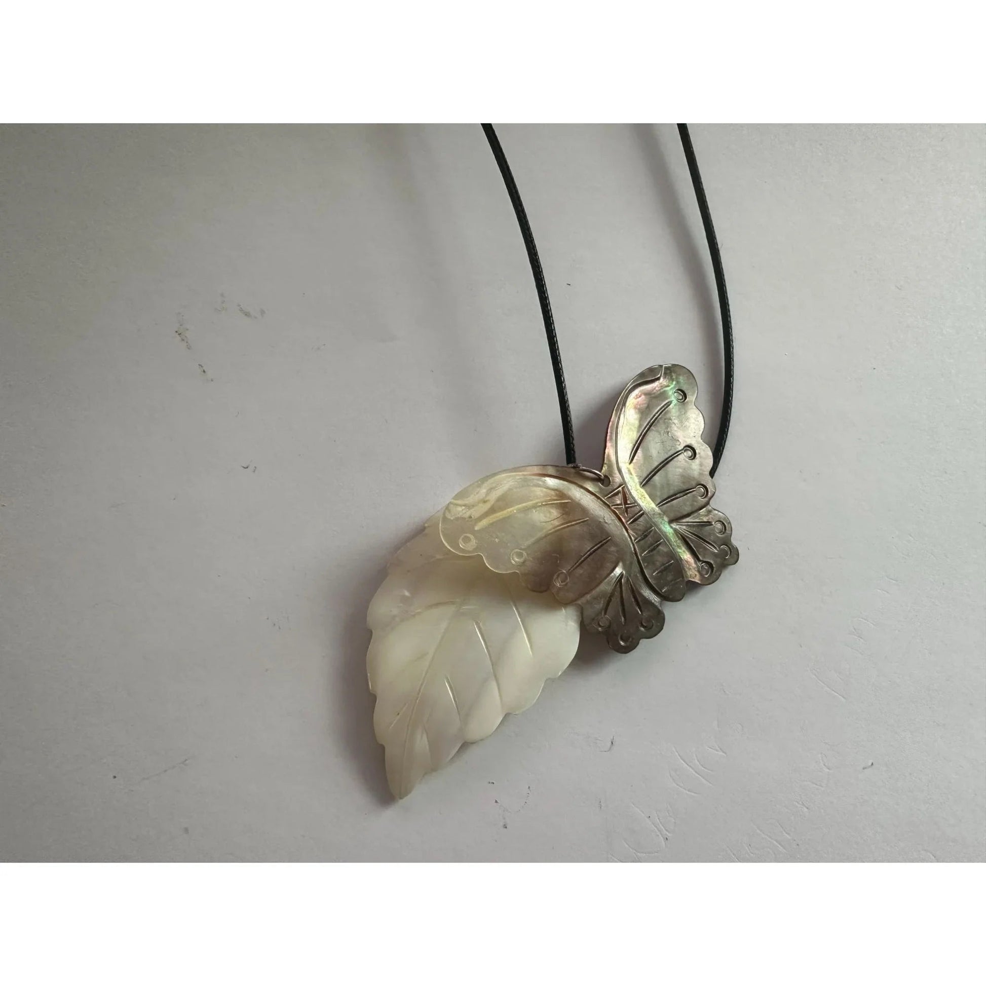 Women's Carved Shell Butterfly and Leaf Pendant Necklace - A+ Stuff - Necklace - A+ Stuff
