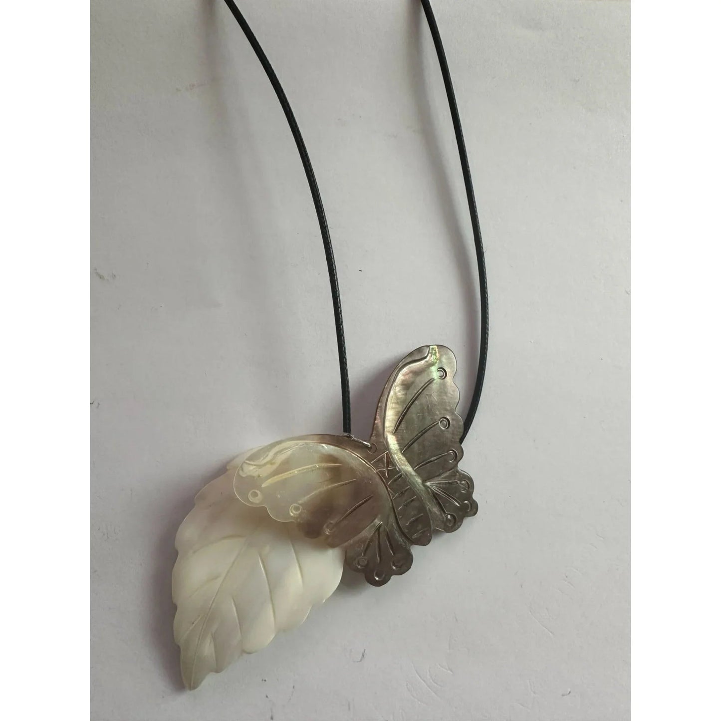 Women's Carved Shell Butterfly and Leaf Pendant Necklace - A+ Stuff - Necklace - A+ Stuff
