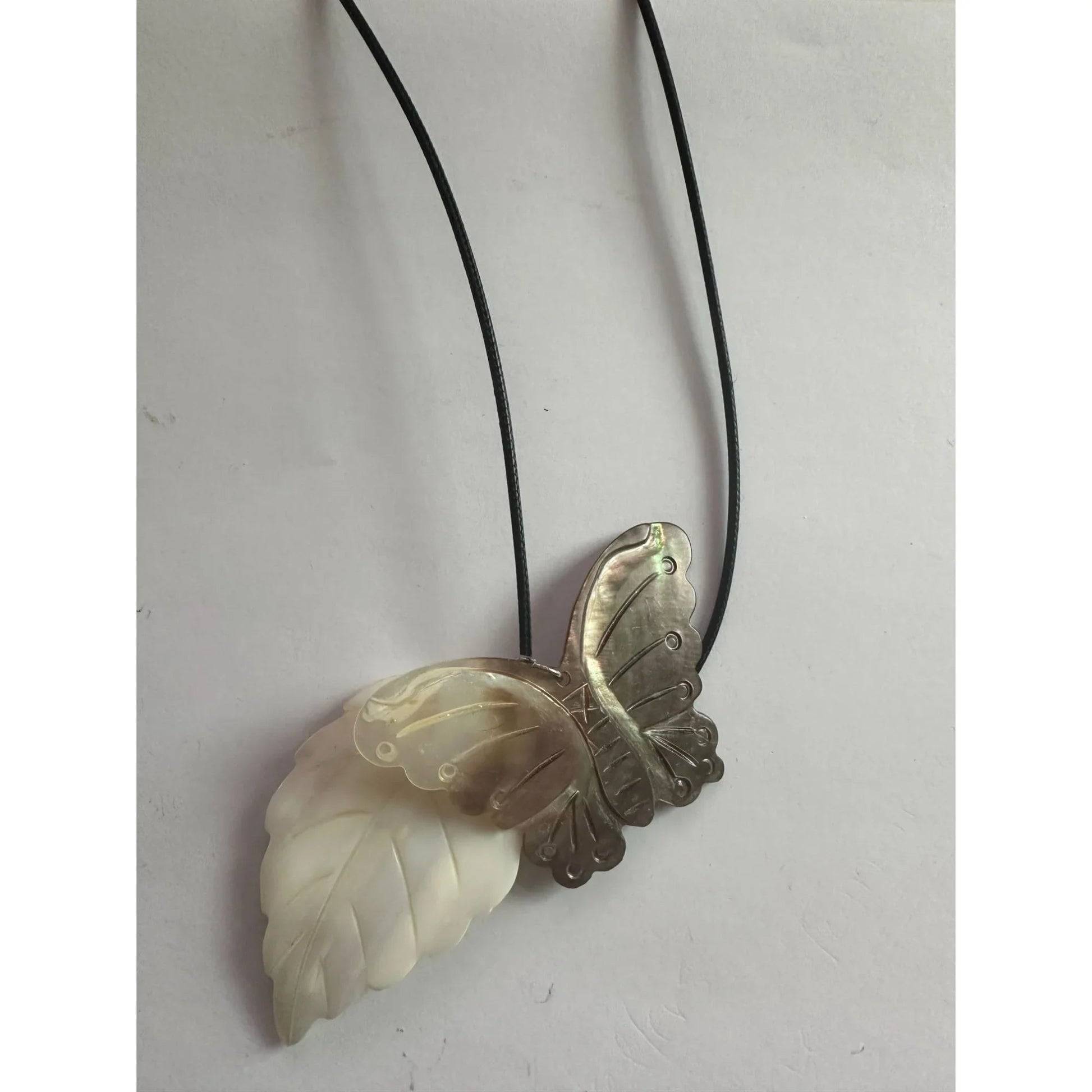 Women's Carved Shell Butterfly and Leaf Pendant Necklace - A+ Stuff - Necklace - A+ Stuff
