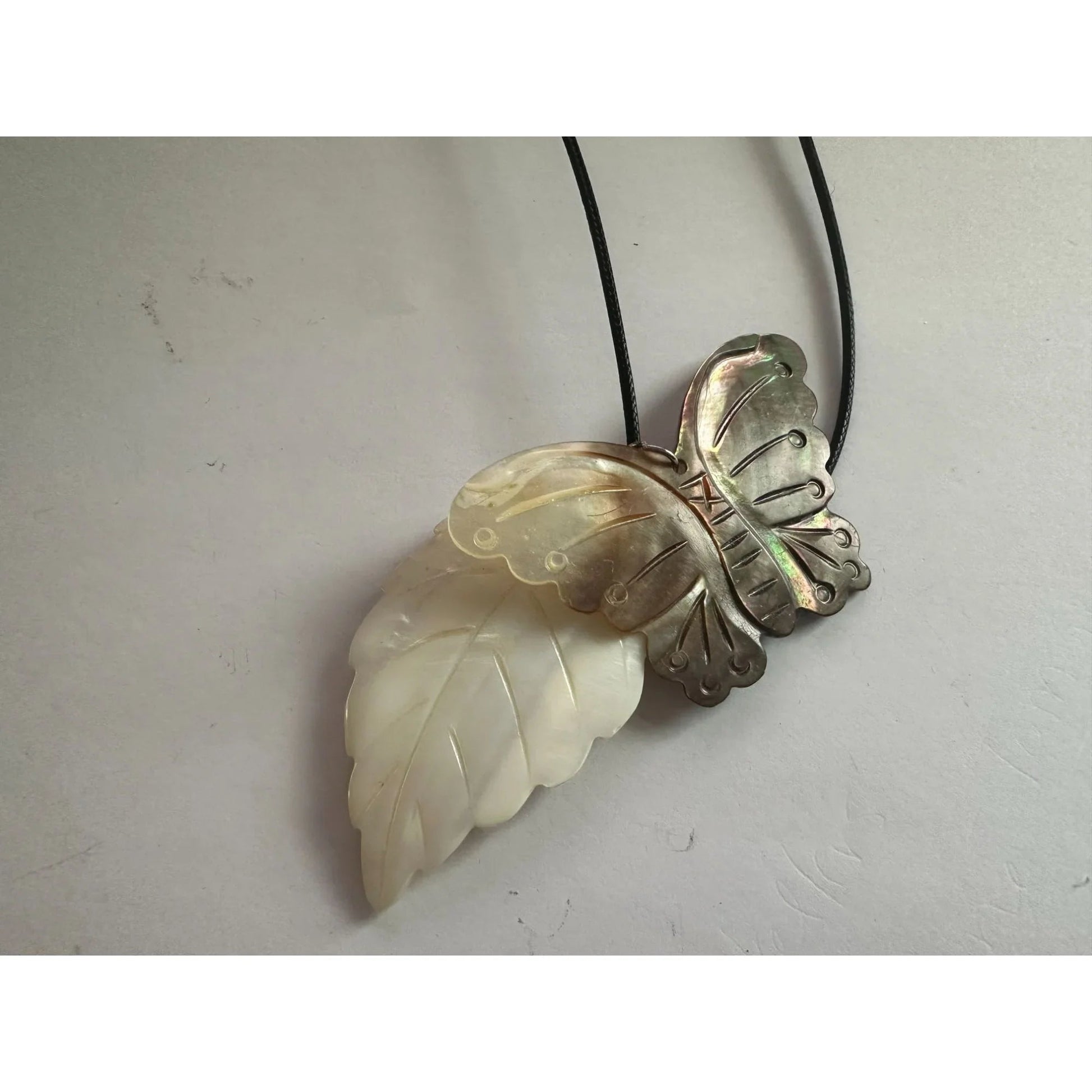 Women's Carved Shell Butterfly and Leaf Pendant Necklace - A+ Stuff - Necklace - A+ Stuff