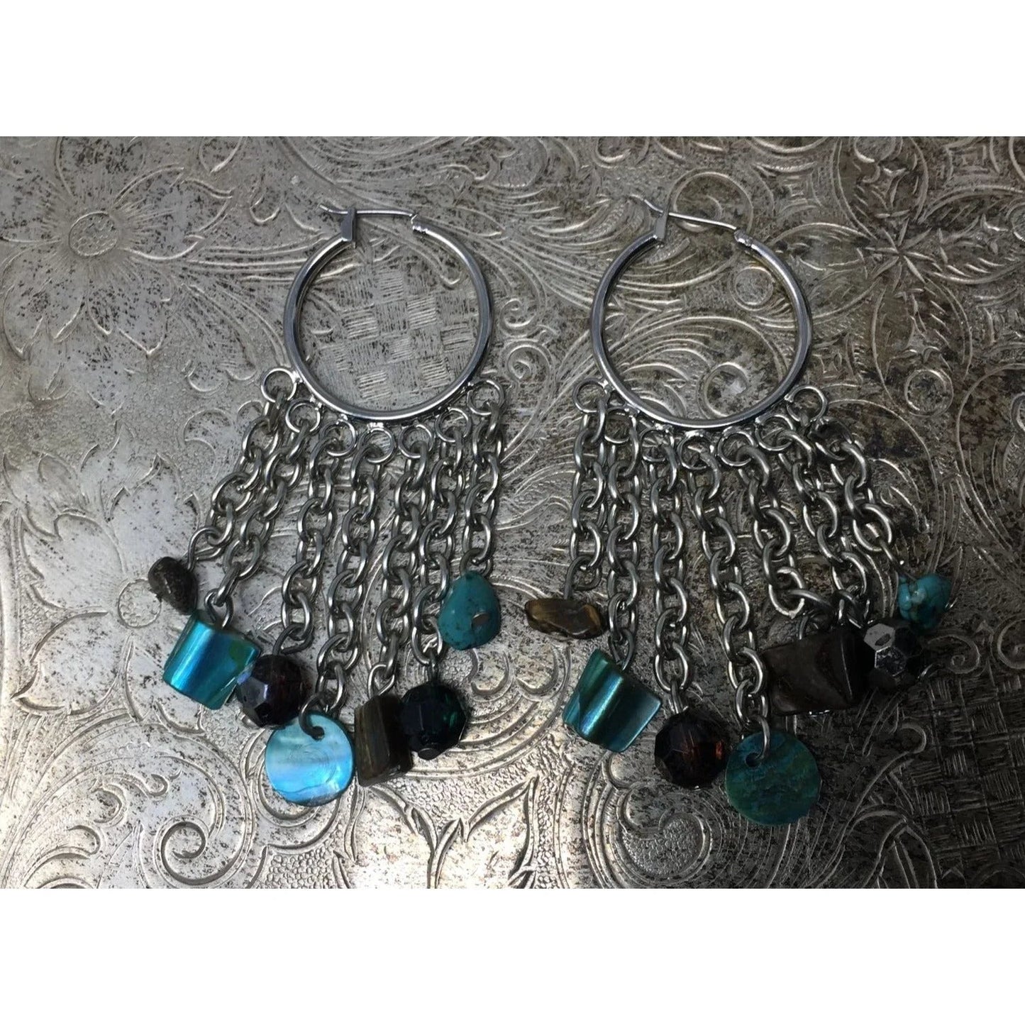 Women's Dangle Chandelier Hoop Earrings with Blue and Brown Beads - A+ Stuff - Earrings - A+ Stuff