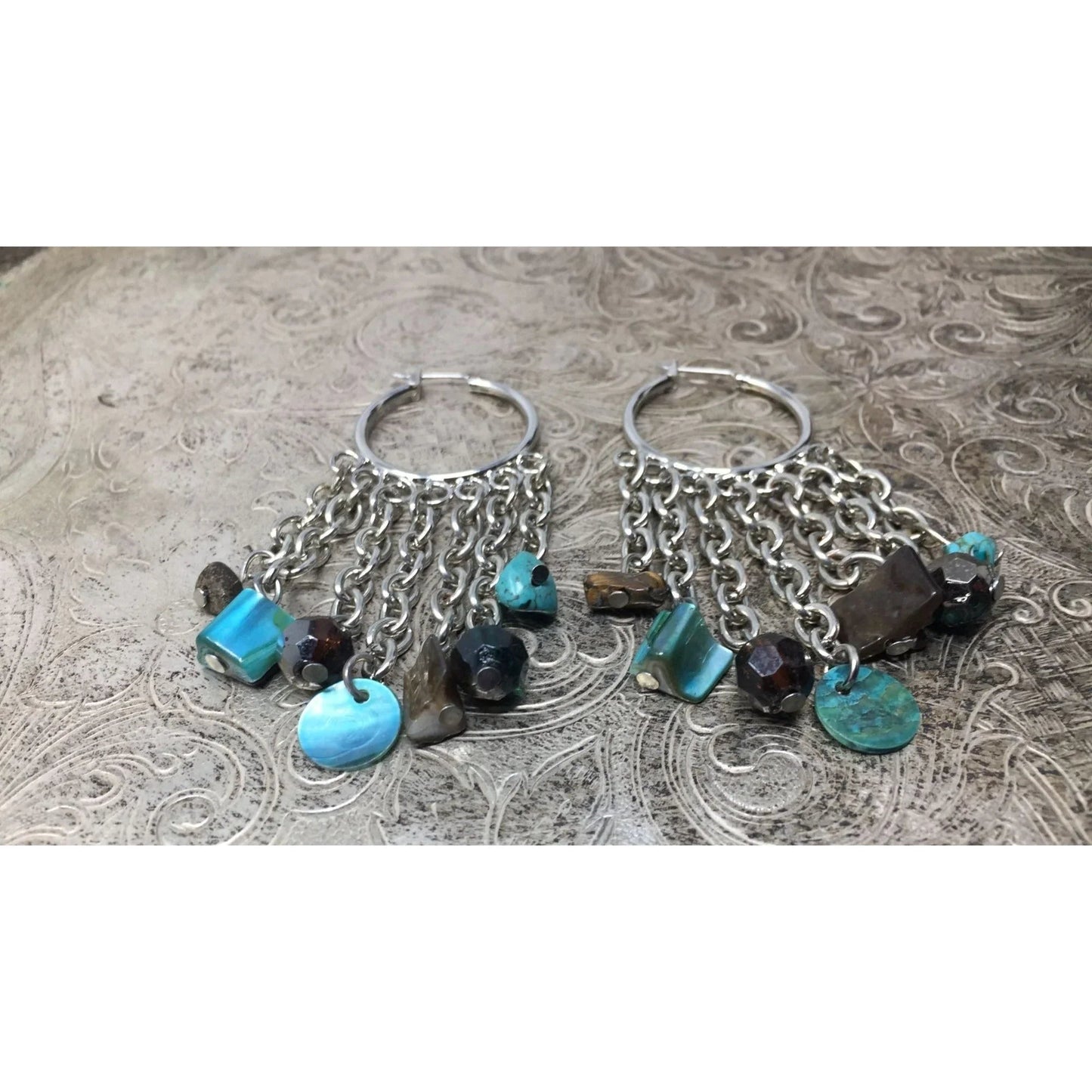 Women's Dangle Chandelier Hoop Earrings with Blue and Brown Beads - A+ Stuff - Earrings - A+ Stuff