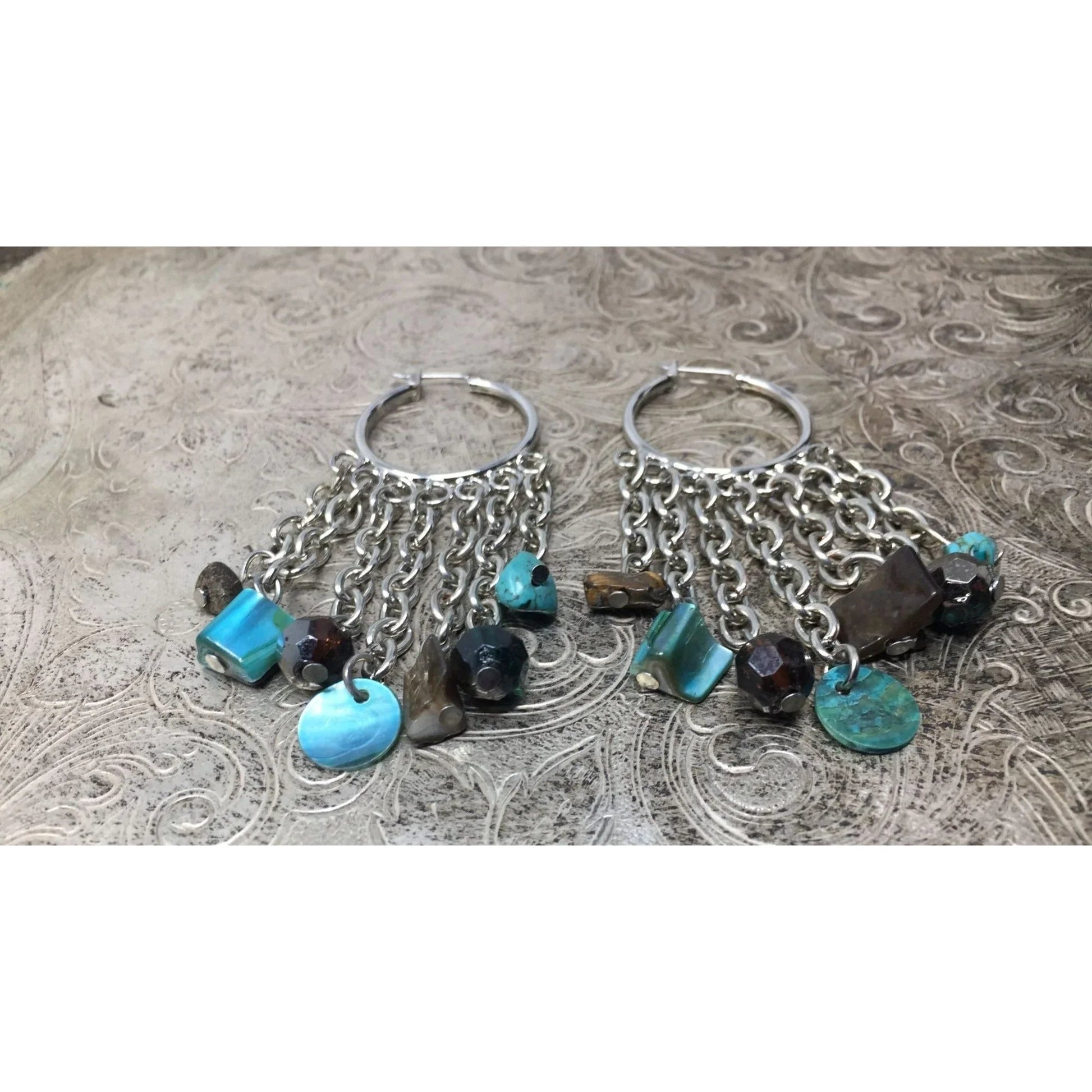 Women's Dangle Chandelier Hoop Earrings with Blue and Brown Beads - A+ Stuff - Earrings - A+ Stuff