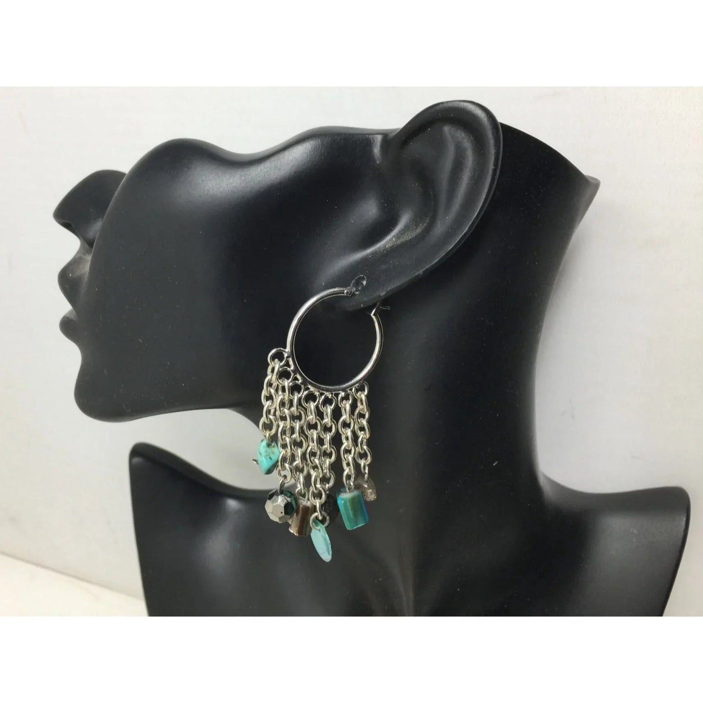 Women's Dangle Chandelier Hoop Earrings with Blue and Brown Beads - A+ Stuff - Earrings - A+ Stuff