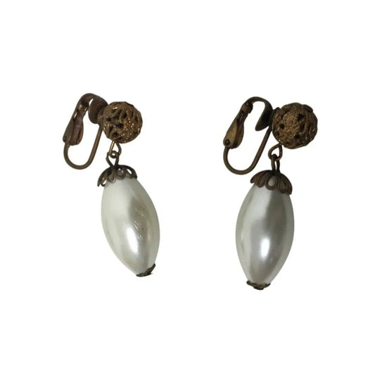 Women's Faux Pearl White and Gold Tone Dangle Clip On Earrings - A+ Stuff - Earrings - A+ Stuff