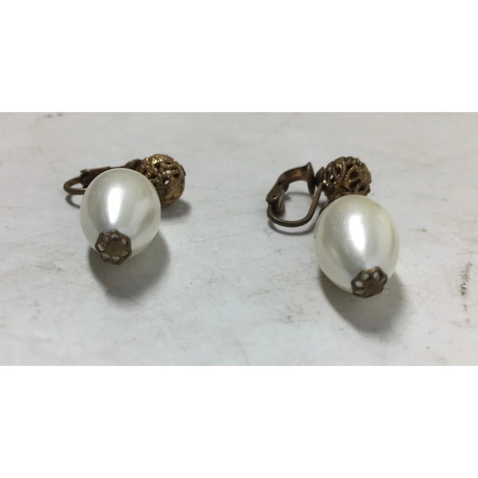 Women's Faux Pearl White and Gold Tone Dangle Clip On Earrings - A+ Stuff - Earrings - A+ Stuff