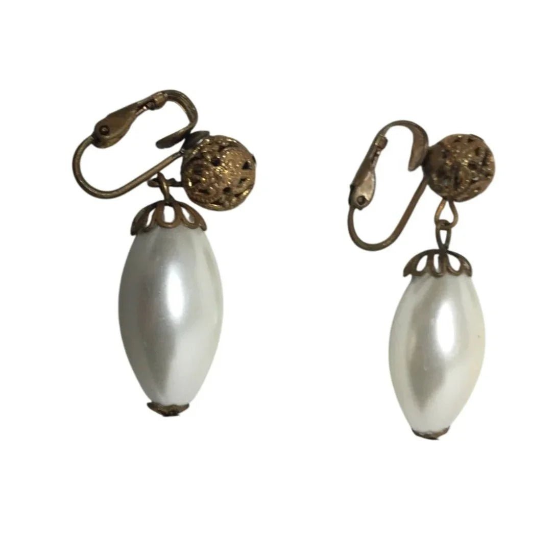 Women's Faux Pearl White and Gold Tone Dangle Clip On Earrings - A+ Stuff - Earrings - A+ Stuff