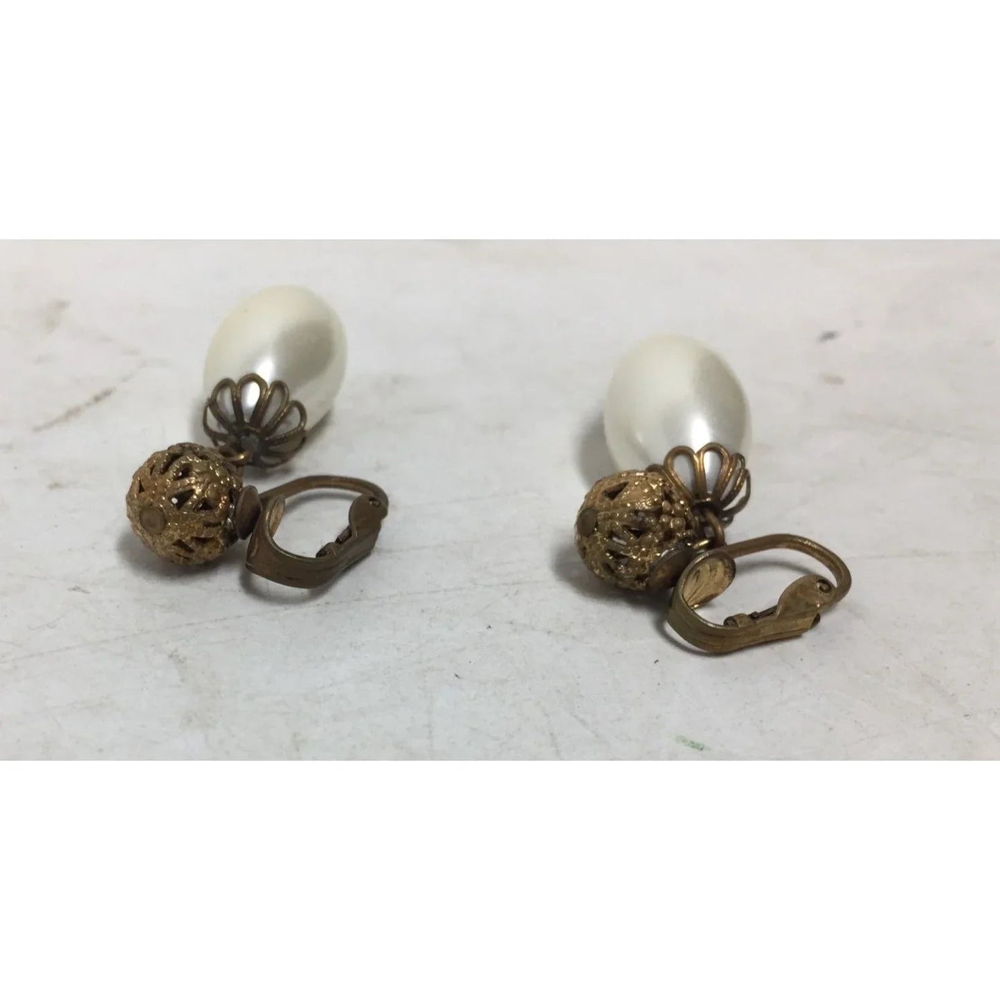 Women's Faux Pearl White and Gold Tone Dangle Clip On Earrings - A+ Stuff - Earrings - A+ Stuff