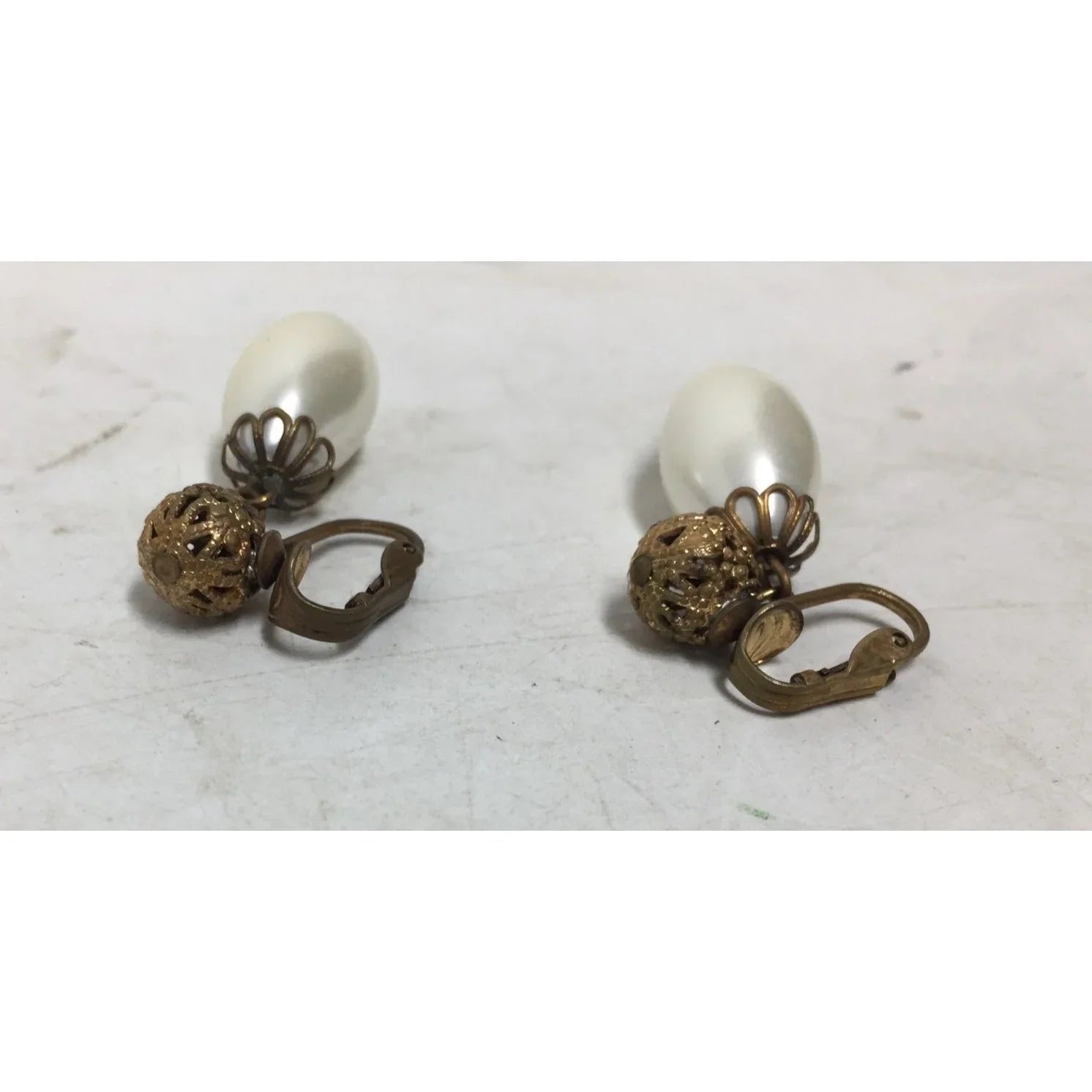 Women's Faux Pearl White and Gold Tone Dangle Clip On Earrings - A+ Stuff - Earrings - A+ Stuff