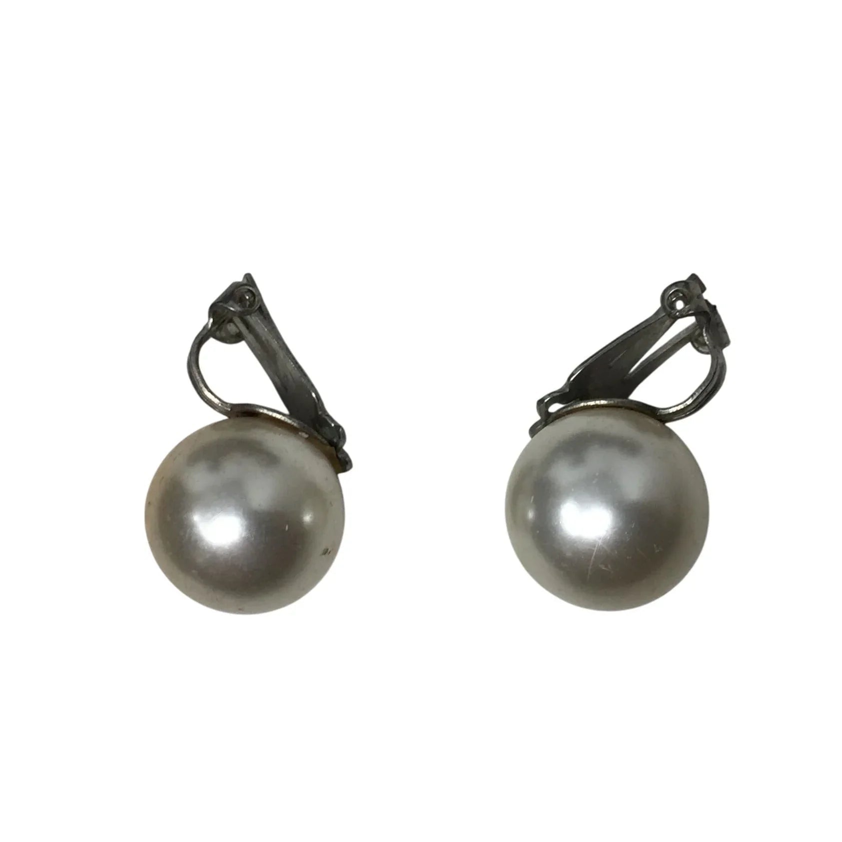 Women's Faux White and Silver tone Shiny Pearl Clip on Earrings - A+ Stuff - Earrings - A+ Stuff