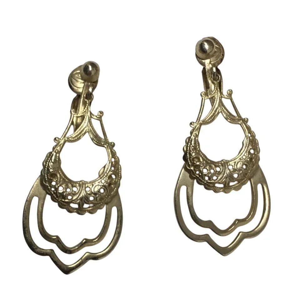 Women's Filigree Design Clip on Gold Tone Dangle Earrings - A+ Stuff - earrings - A+ Stuff