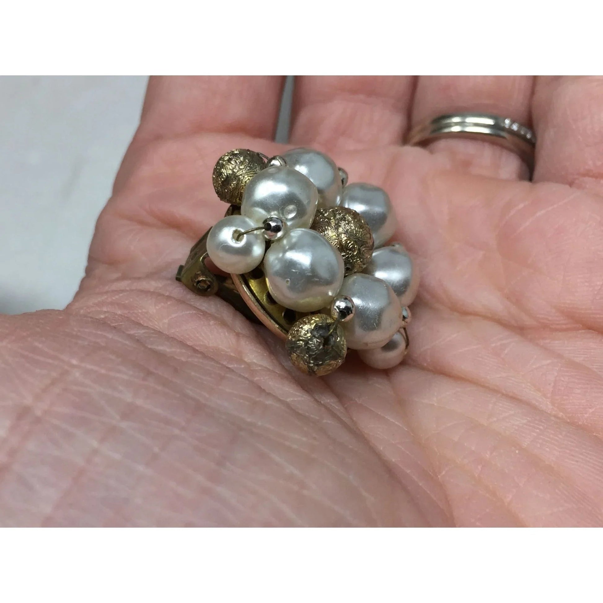 Women's Gold tone and White Cluster Faux Pearl Clip on Earrings - A+ Stuff - Earrings - A+ Stuff