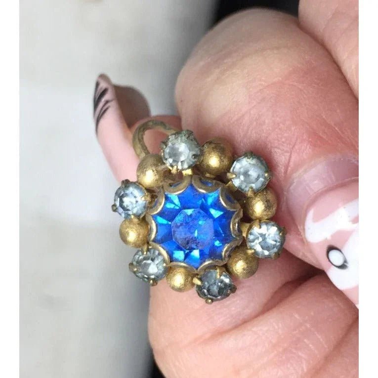Women's Gold Tone Screw Back Earrings with Blue Rhinestones - A+ Stuff - Earrings - A+ Stuff